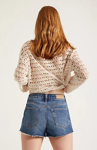 Pacsun Ivy High Waisted Denim Festival Shorts Raw Cut Dark Blue