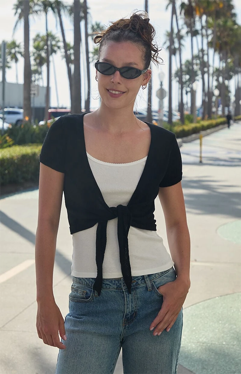 John Galt Black Tie Front Sweater Top