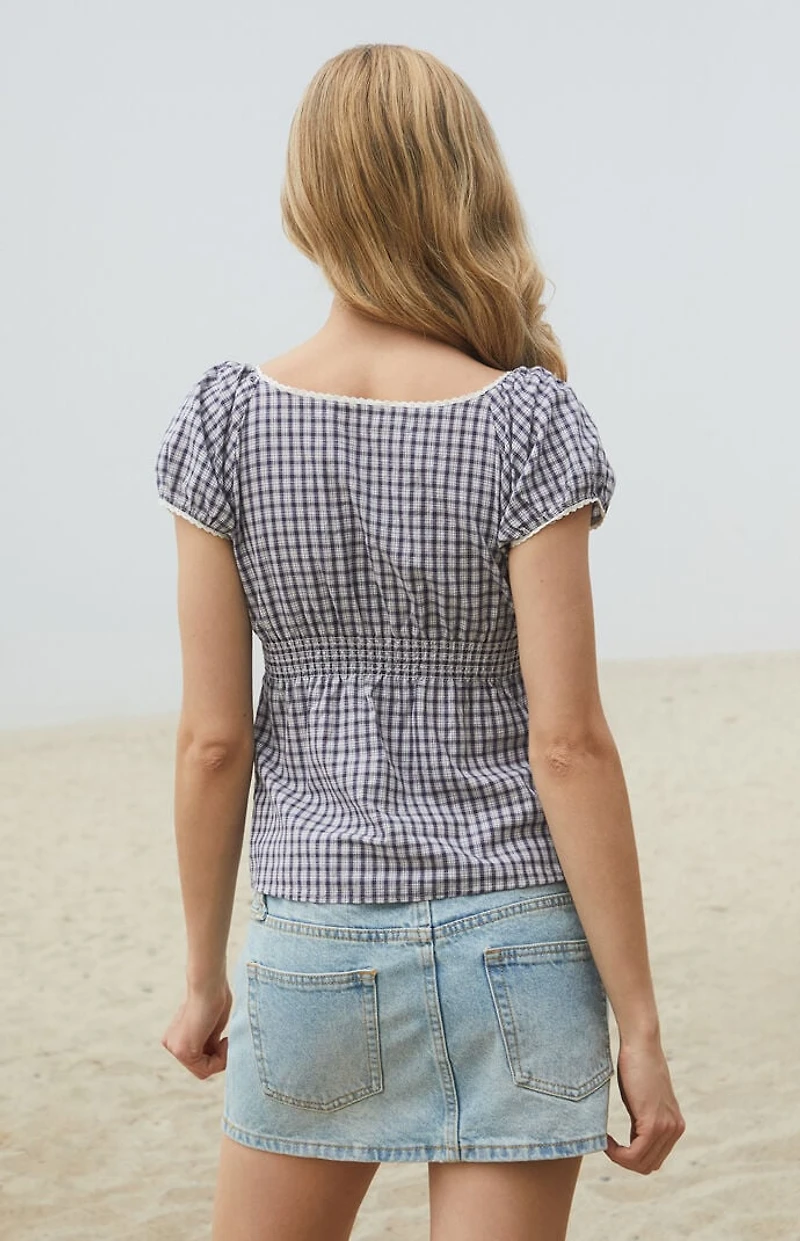 John Galt Blue & White Plaid Blair Short Sleeve Top