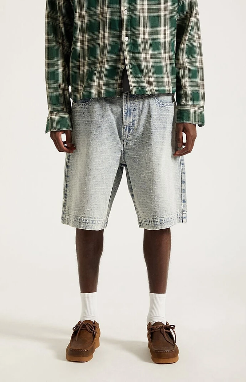 Pacsun Parker Baggy Denim Shorts Jacquard Checkered Light Blue
