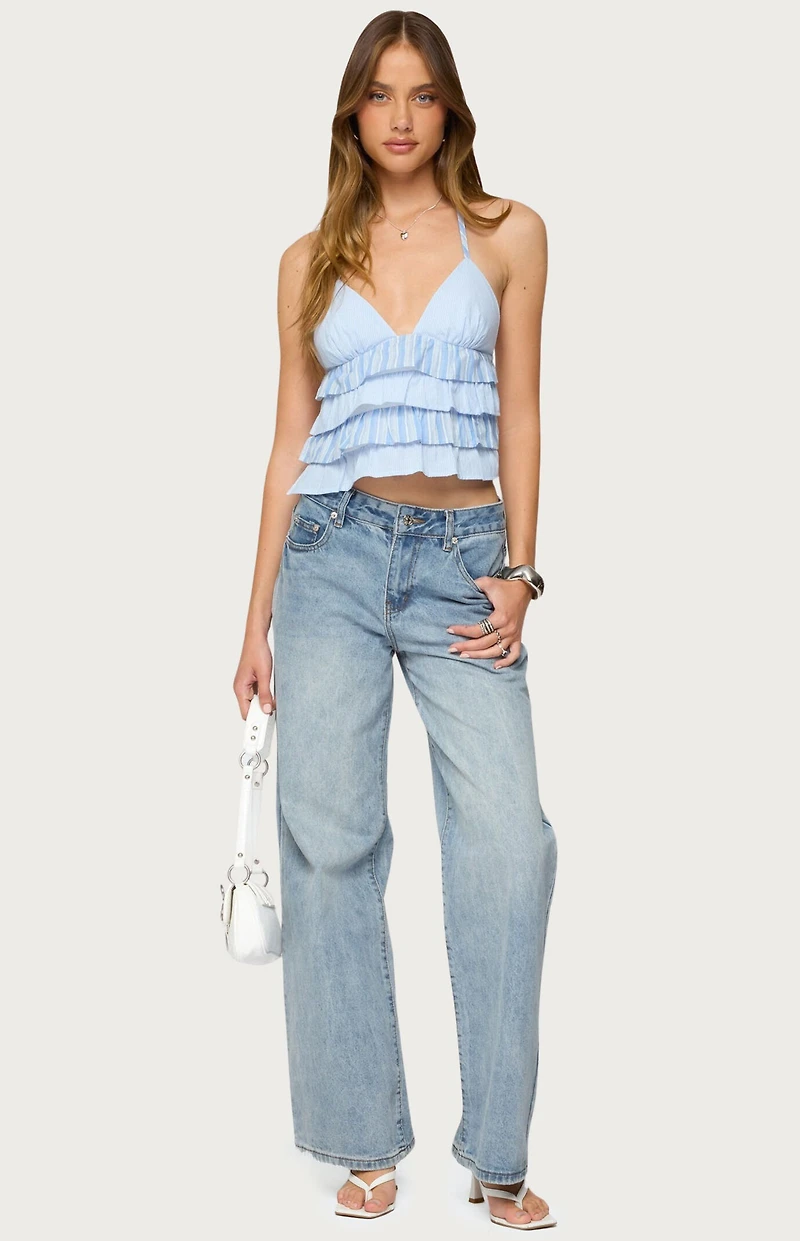 Edikted Tiered Ruffle Backless Striped Halter Top