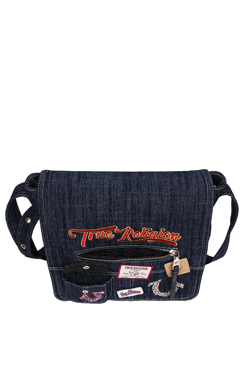 True Religion Dark Denim Multi Patch Messenger Bag