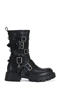 AZALEA WANG Women's Spridy Black Buckled Combat Boots