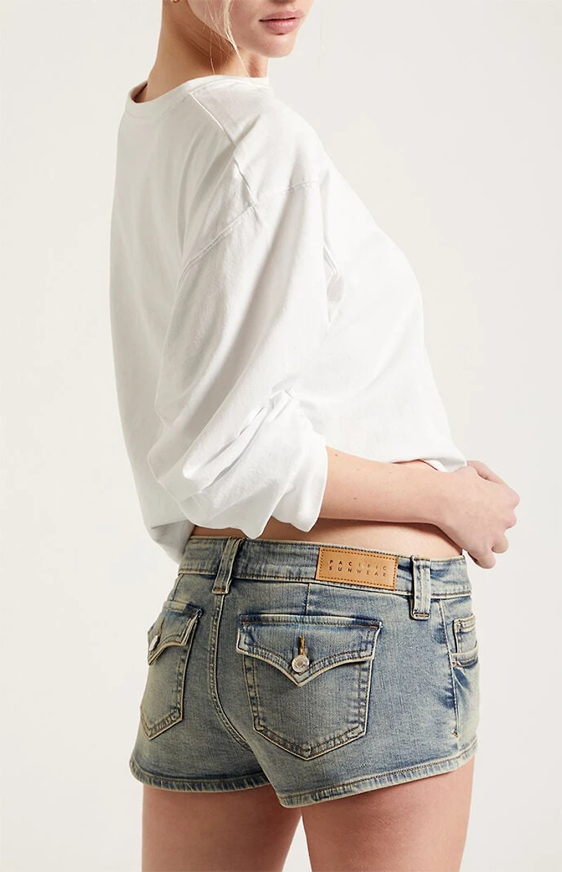 Pacsun Tatum Ultimate Low Rise Denim Micro Shorts Stretch Button Pocket Medium Blue