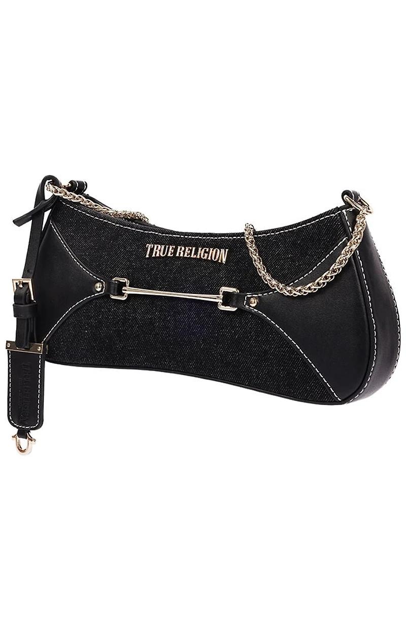 True Religion Top Zip Black Denim Shoulder Bag