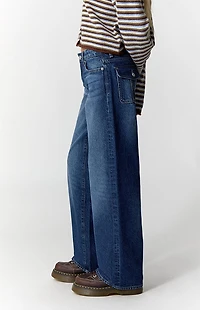 Pacsun Casey Low Rise Baggy Jeans Button Flap Pocket Dark Blue