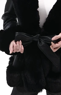 AZALEA WANG Kenzy Black Faux Leather & Fur Belted Coat