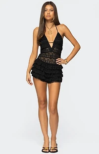 Edikted Lanney Ruffled Sheer Lace Romper