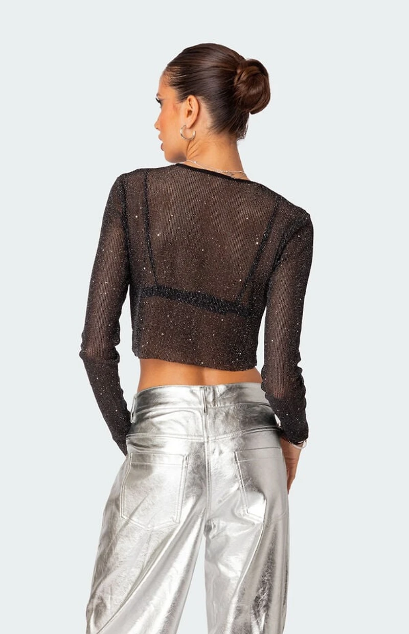 Edikted Marly Sheer Shimmer Sequin Long Sleeve Top