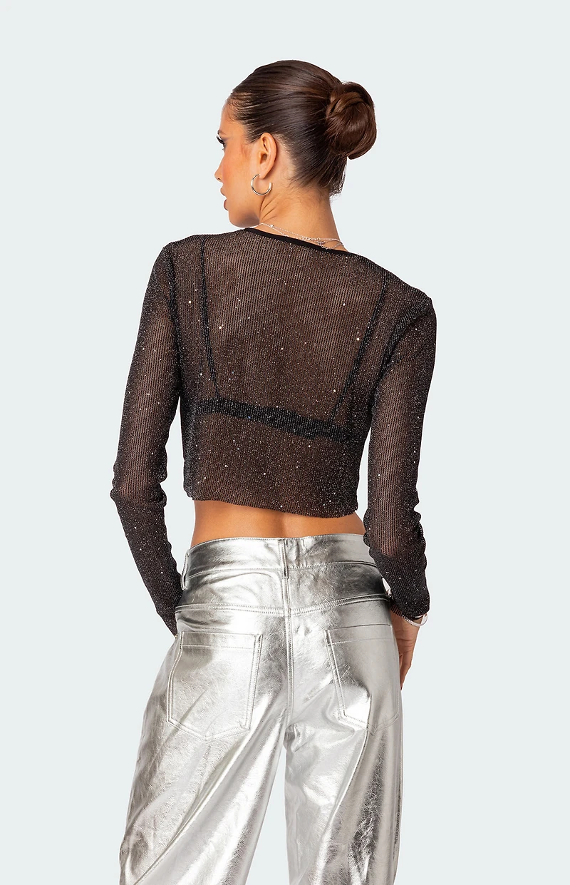 Edikted Marly Sheer Shimmer Sequin Long Sleeve Top