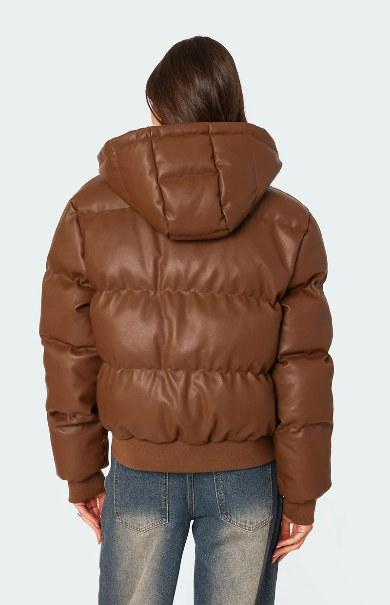 Edikted Wintry Faux Leather Hooded Puffer Jacket