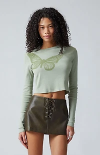 Third Charm Butterfly Long Sleeve Cropped T-Shirt