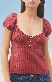 John Galt Burgundy Plaid Blair Short Sleeve Top