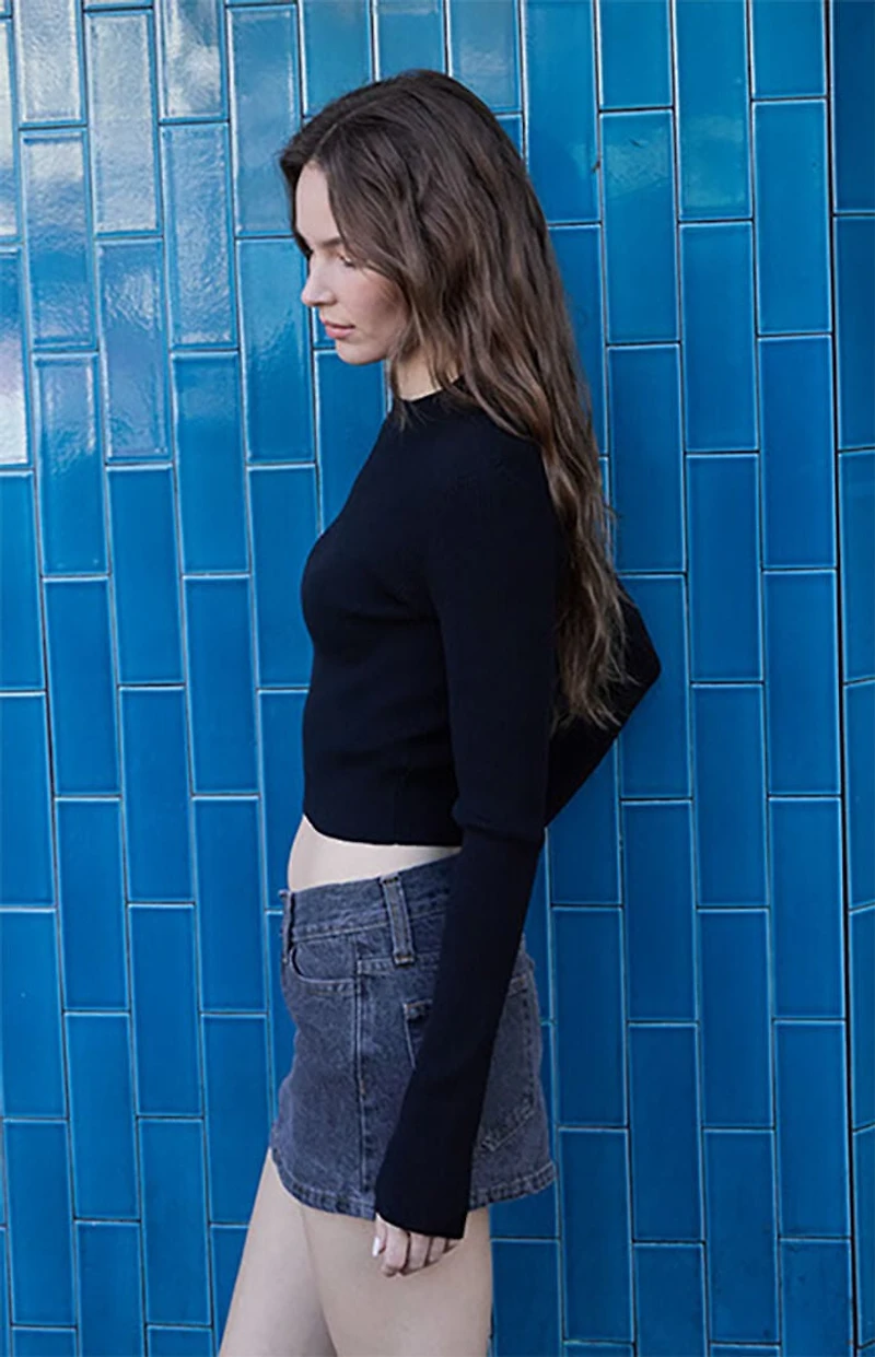 John Galt Black Ribbed Mock Neck Long Sleeve Top