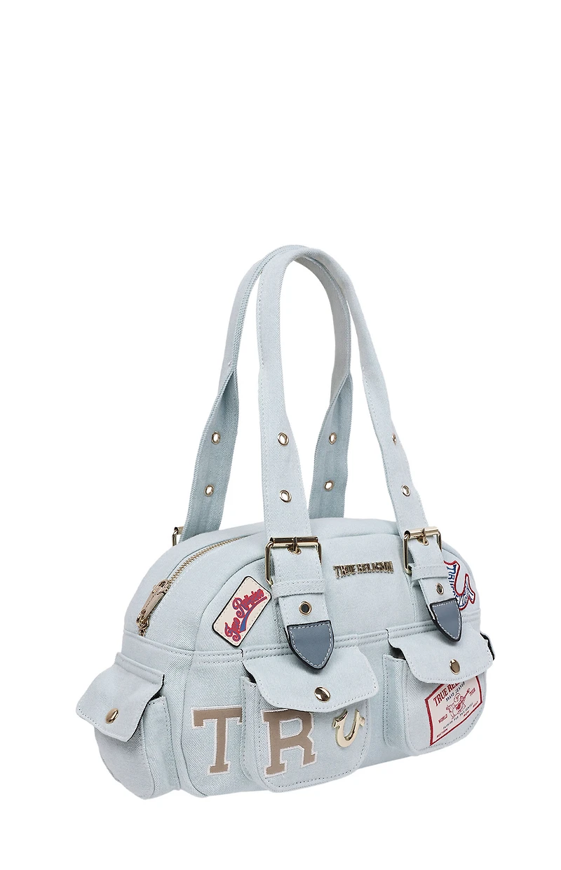 True Religion Light Blue Multi Patch Satchel Bag