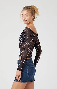 Beverly and Beck Lola Polka Dot Long Sleeve Off-The-Shoulder Top
