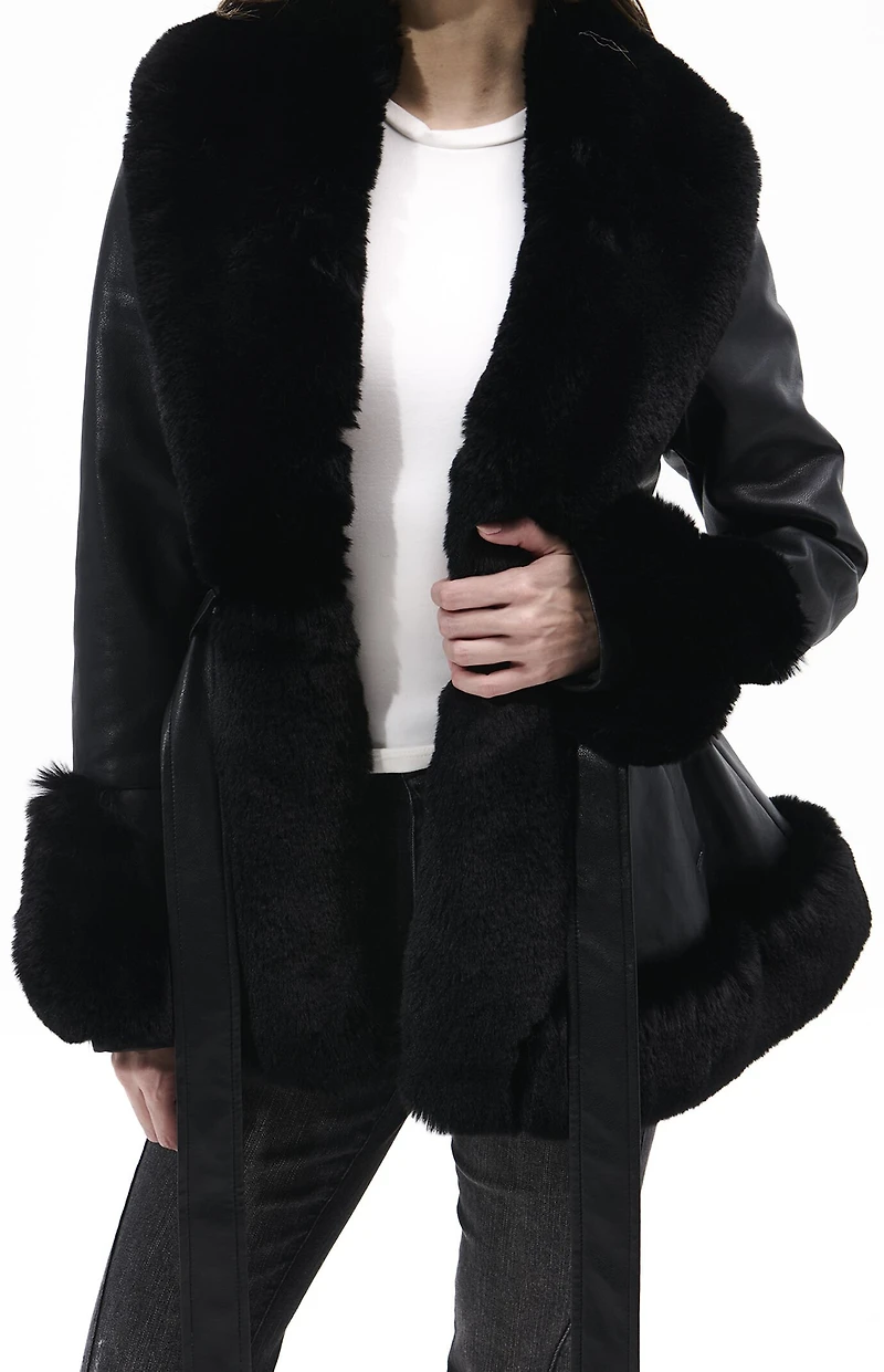 AZALEA WANG Kenzy Black Faux Leather & Fur Belted Coat