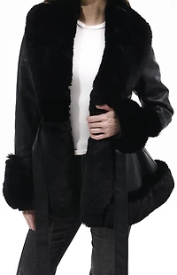 AZALEA WANG Kenzy Black Faux Leather & Fur Belted Coat