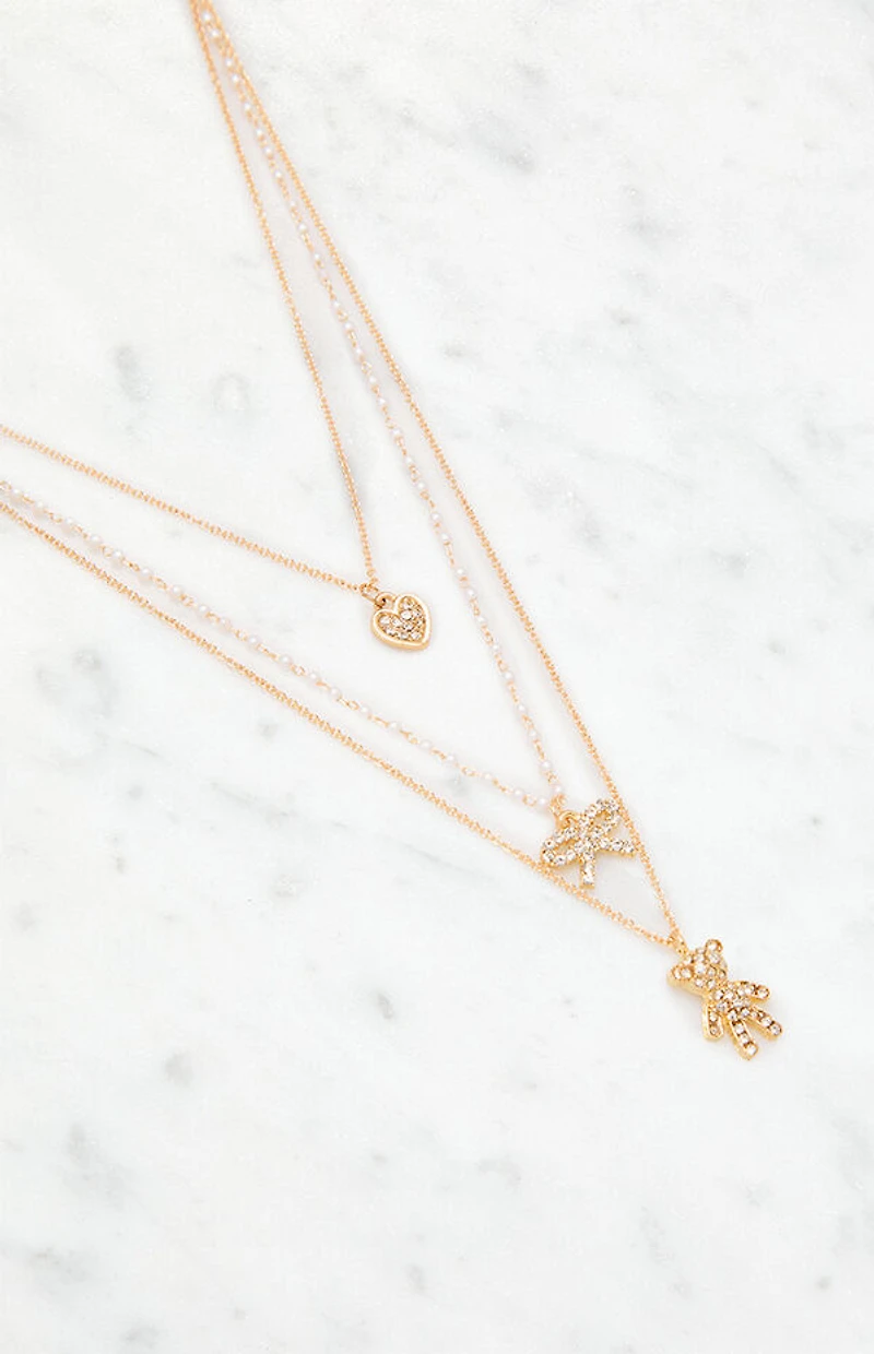 LA Hearts Bear Bow Heart Layered Necklace