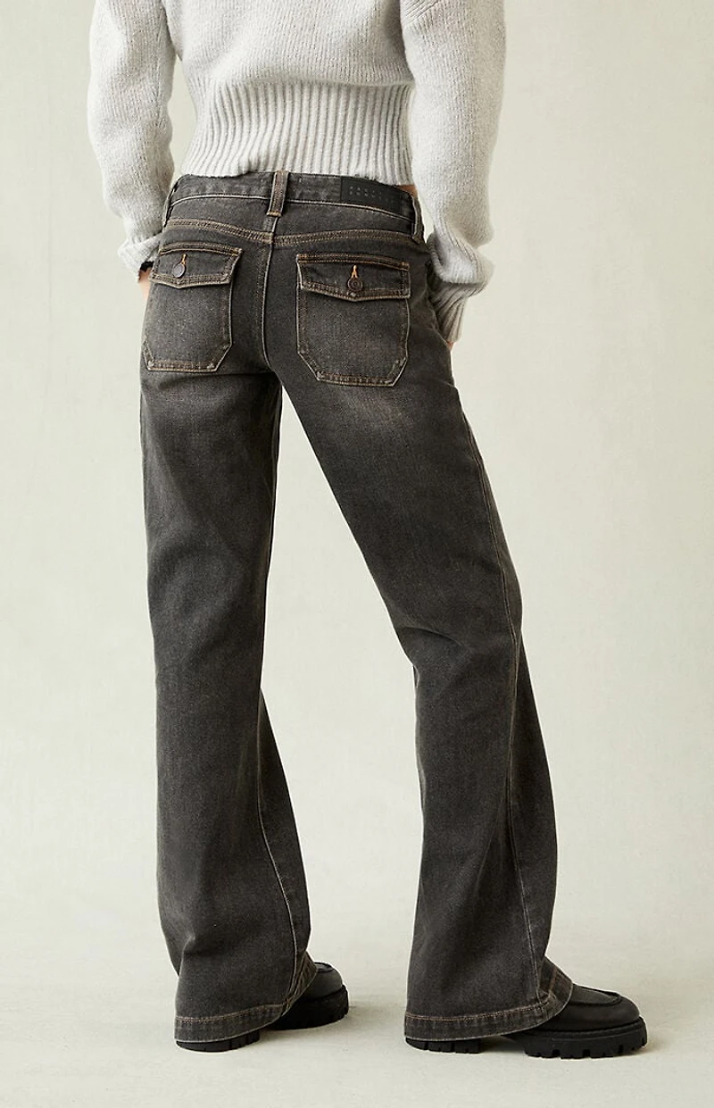 Pacsun Charlie Low Rise Baggy Bootcut Jeans Button Pocket Faded Black