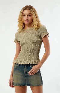 Daisy Street Beige Checker Shirred Short Sleeve Top