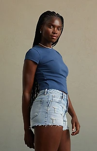 RARE DNM EDIT Light Indigo Pearl Bow High Waisted Denim Festival Shorts