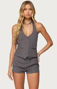 Edikted Riya Pinstripe Button Up Halter Top