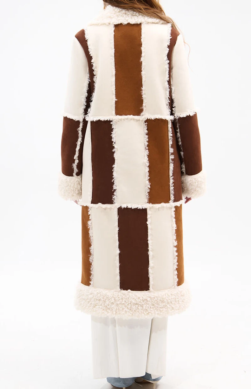AZALEA WANG Telluride Tan Faux Fur Patchwork Shearling Coat