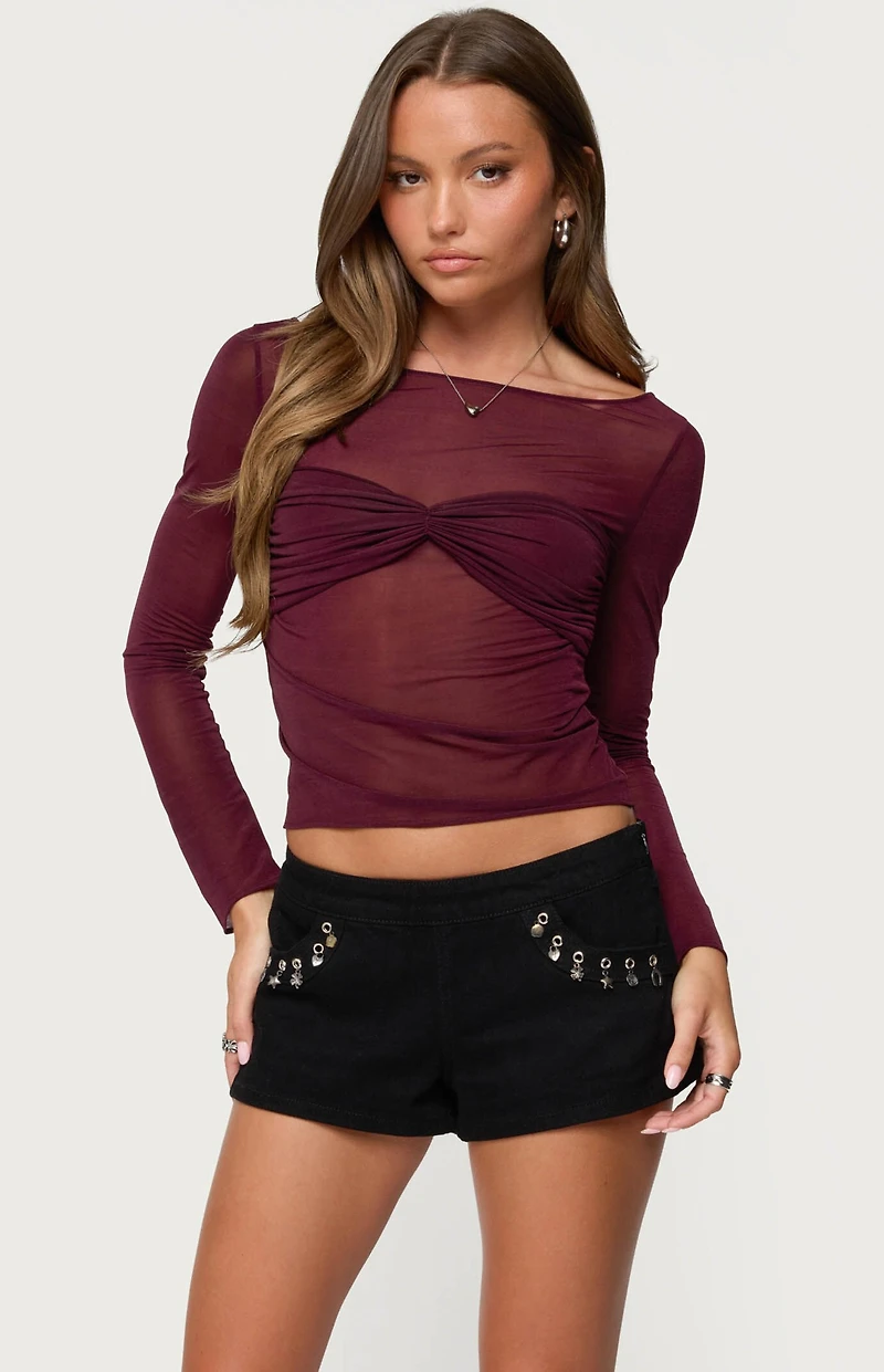 Edikted Oona Sheer Gathered Long Sleeve Top