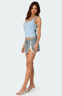 Edikted Eyelet Lace Up Denim Mini Skirt