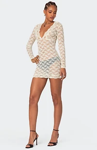 Edikted Beck Plunge Neck Sheer Lace Mini Dress