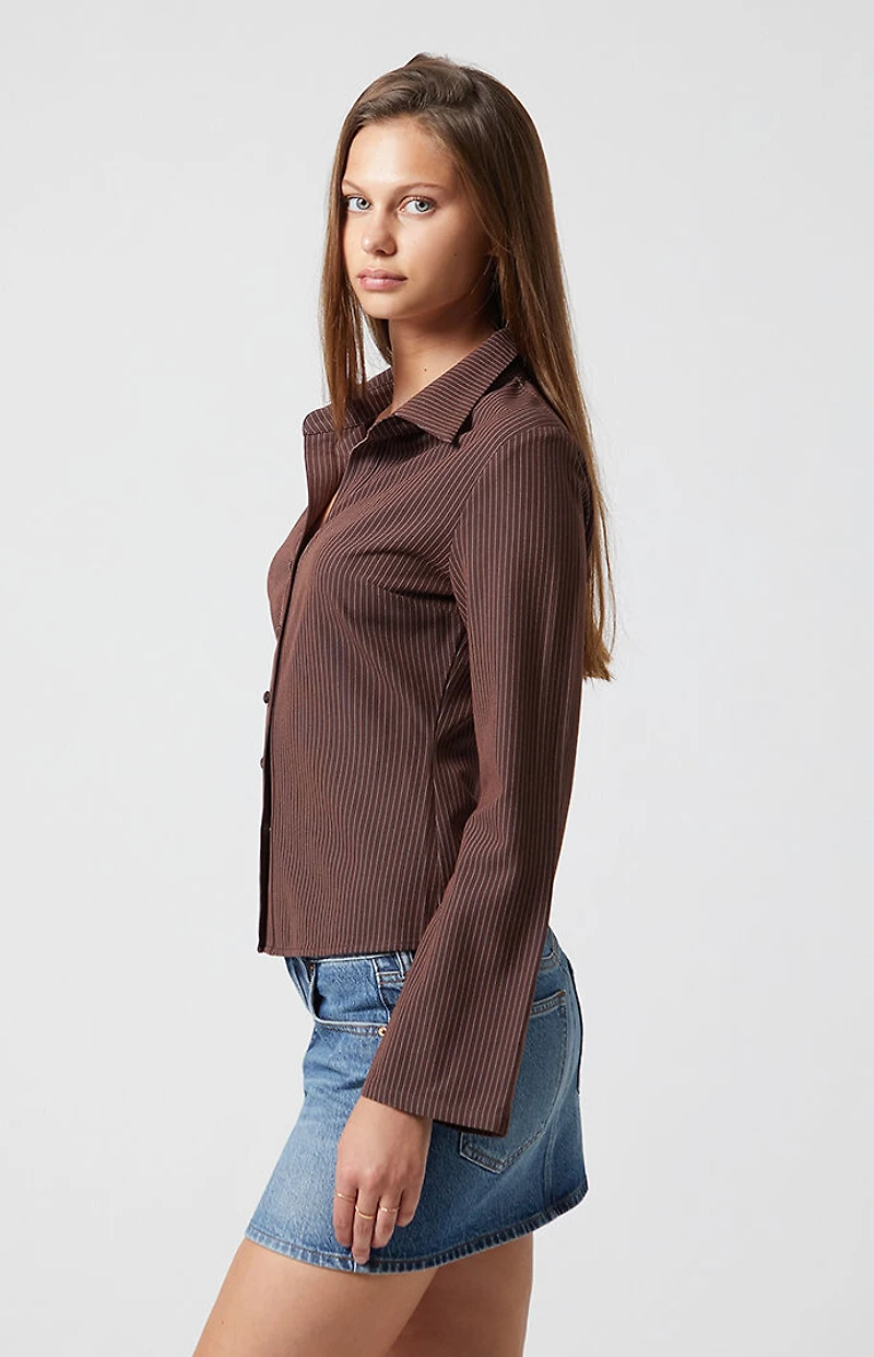 Beverly and Beck Polly Pinstripe Button Up Long Sleeve Top