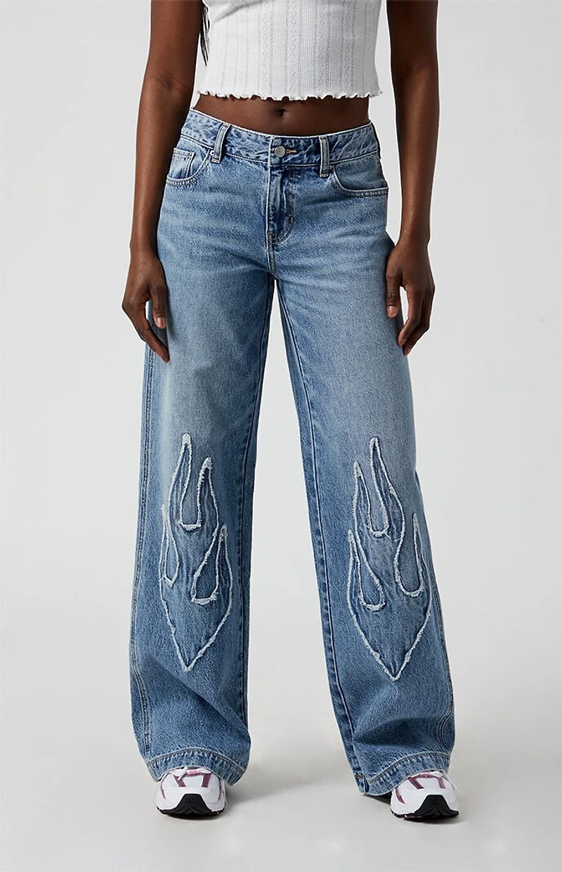 Pacsun Casey Low Rise Baggy Jeans Frayed Flame Patch Medium Indigo