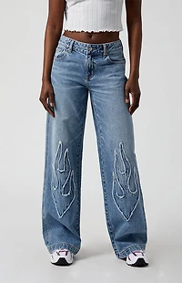 Pacsun Casey Low Rise Baggy Jeans Frayed Flame Patch Medium Indigo