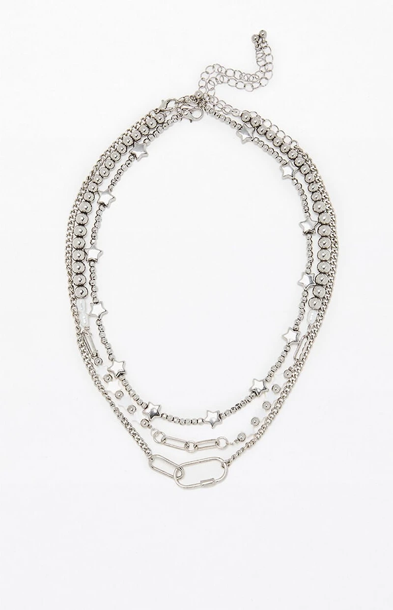 LA Hearts Silver Star Beaded Layered Necklace