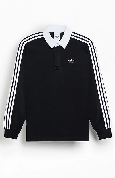adidas Black 3-Stripes Long Sleeve Polo Rugby Shirt