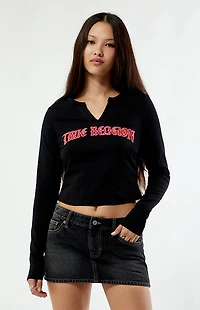 True Religion Applique Crystal Notched V Long Sleeve Top