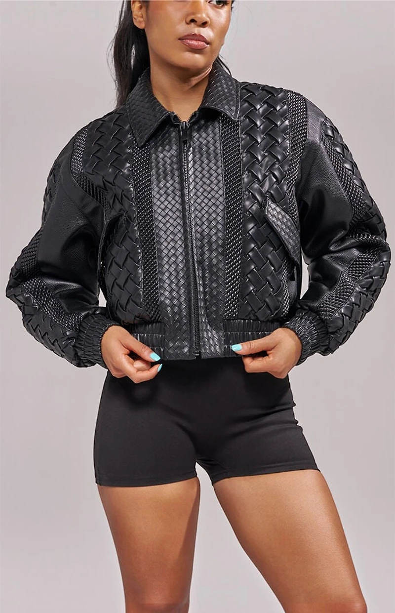 AZALEA WANG Alonso Black Faux Leather Bomber Jacket