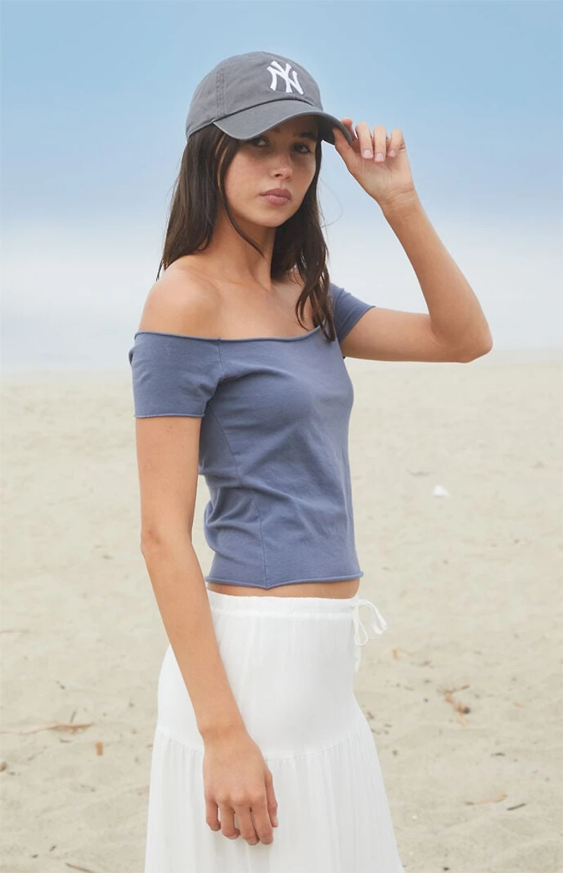 John Galt Dark Blue Bonnie Off-The-Shoulder Crop Top