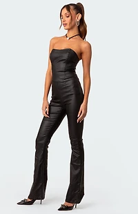 Edikted Luna Faux Leather Flared Jumpsuit