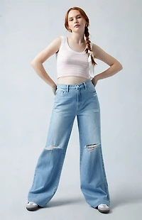 Pacsun Mid Rise Baggy Jeans Ripped Light Indigo