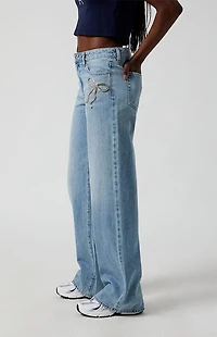 Pacsun Casey Low Rise Baggy Jeans Rhinestone Bow Light Indigo