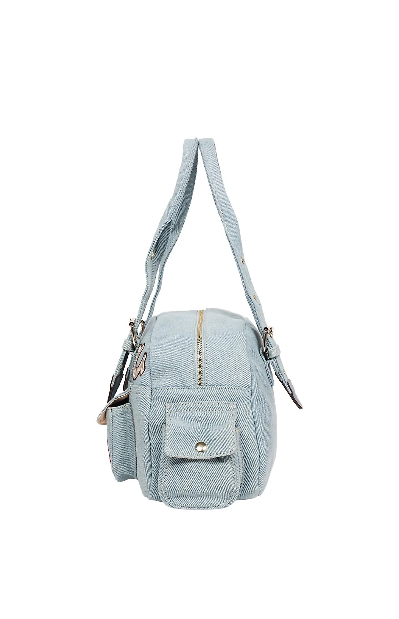 True Religion Blue Denim Multi Patch Satchel Bag