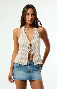 Rhythm Striped Louise Tie Front Halter Top