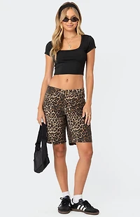 Edikted Leopard Low Rise Denim Bermuda Shorts