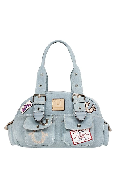 True Religion Blue Denim Multi Patch Satchel Bag