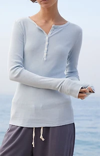 John Galt Light Blue Ribbed Button Long Sleeve Top