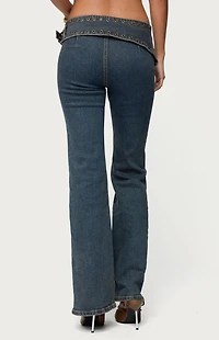 Edikted Asymmetric Grommet Belt Low Rise Flare Jeans