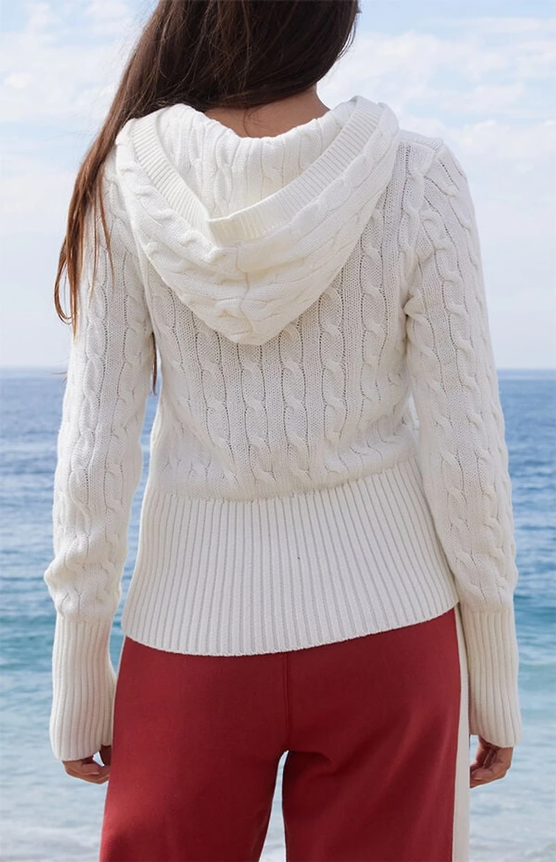 John Galt White Cable Knit Button Down Hooded Sweater