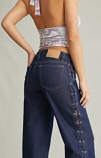 Pacsun Zoe Low Rise Girlfriend Jeans Lace-Up Side Dark Blue